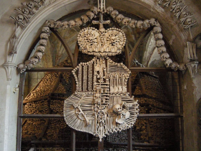 Stand under the bone chandeliers of Sedlec Ossuary Czech Republic
