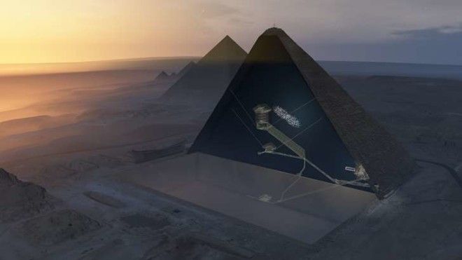 A rendering shows internal chambers within the Great Pyramid and the approximate structure of the newly discovered void.