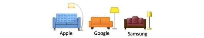 Three different couch and lamp emojis from Apple, Google, and Samsung