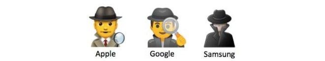 Three different detective emojis from Apple, Google, and Samsung