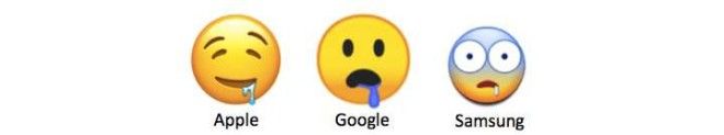 Three different drooling face emojis from Apple, Google, and Samsung
