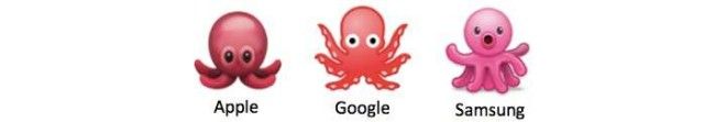 Three different octopus emojis from Apple, Google, and Samsung