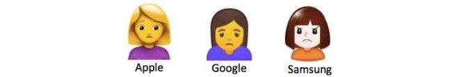 Three different person frowning emojis from Apple, Google, and Samsung