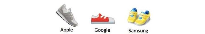 Three different running shoe emojis from Apple, Google, and Samsung