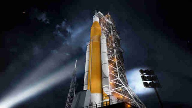 nasa's SLS and orion spacecraft preparing to launch