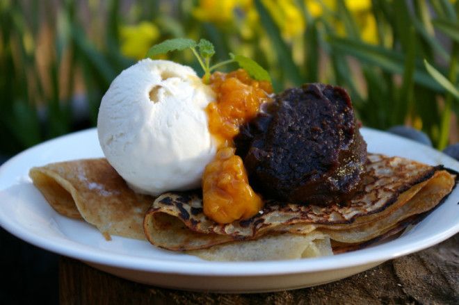 Crepes with vanilla ice cream cloudberry jam and mmmi