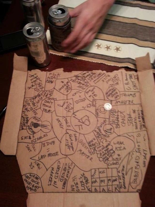 All you need is a pizza box (or another big sheet of cardboard) and a fun group of people. The game starts with each players name written in Sharpie and circled on a flattened pizza box. Players take turns flipping a coin onto the box. If it lands on a name, that player drinks. But if it lands on the board on a blank spot, that's where the chaos begins! The coin-flipper draws a new circle (or square, or whatever shape) and can write any rule or activity they want in the new circle. The next player who hit that space has to do whatever's written down. —sydneym15