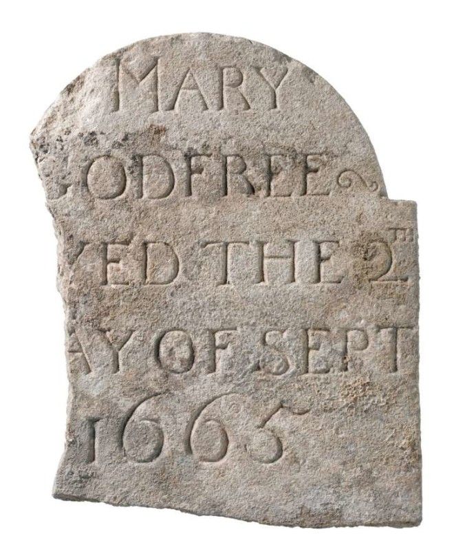The gravestone of plague victim Mary Godfree, discovered at Liverpool Street in London during the Crossrail excavations. 