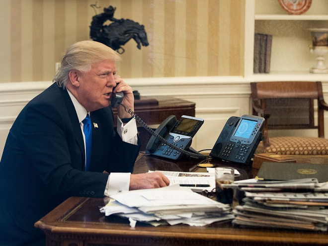 In fairness, Trump's desk hasn't always appeared so clutter-free. Getty's Drew Angerer captured stacks of files during the president's contentious phone call in January 2017 with Australia's prime minister, Malcolm Turnbull.