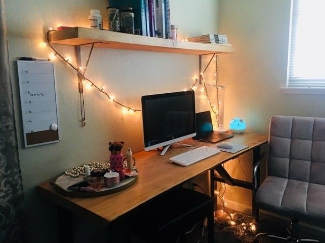 My mom and I (mostly my mom) built my desk so I had somewhere to study while attending nursing school. Since we had everything but the paint and brackets, it cost us around $20 to make both. —katherynb4bf806e53