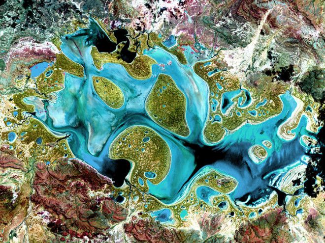 Lake Carnegie, in Australia. This is an ephemeral lake, meaning it only fills with water during periods of significant rainfall. In dry years, it's reduce to a muddy marsh. This photo was taken in 1999.