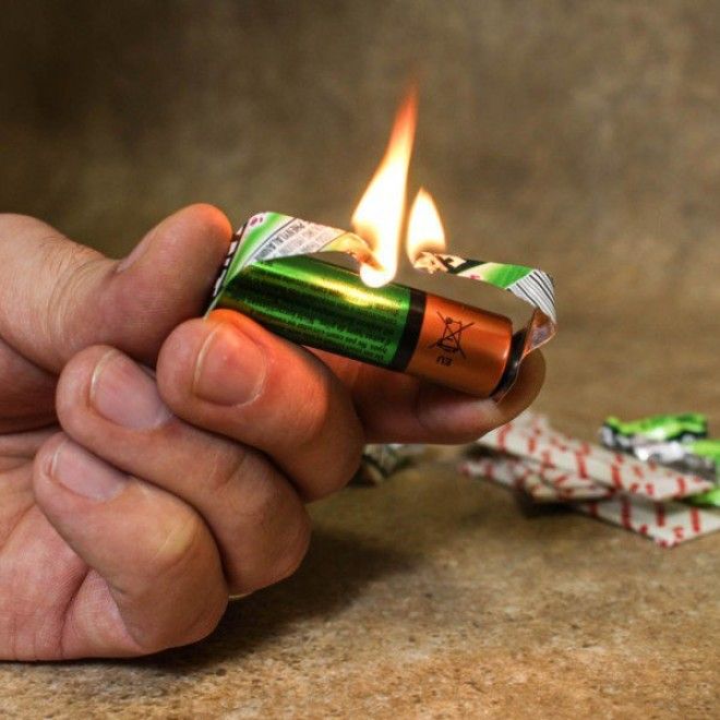 A foil wrapper and a battery will do when you need a flame. 