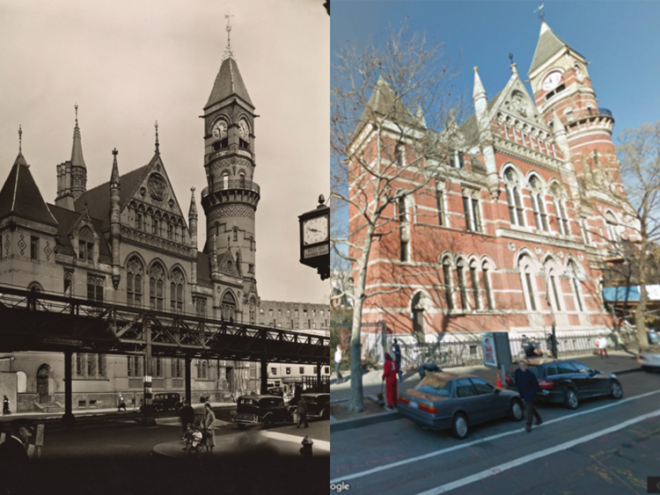 In the early 20th century, most of New York's trains tracks were elevated, Ritter says. But by 1950, they were torn down. Here's the Jefferson Market Courthouse in Greenwich Village in 1935 and today.