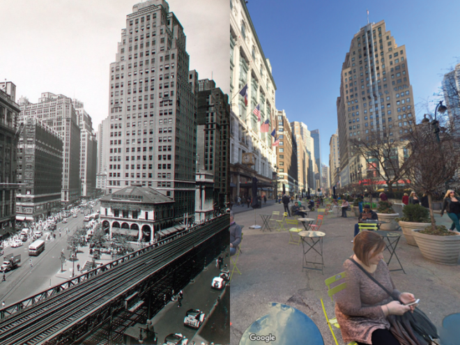 Elevated tracks also lived next to the Herald Times building in Herald Square until the early 20th century. Roads occupied a majority of the shopping plaza in 1935, but today, pedestrians hang out in the space.