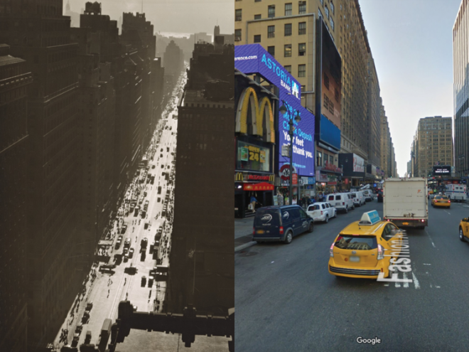 Six lanes of cars dominate 7th Avenue in 1935 —but not so much today.