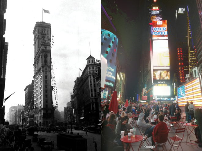 Like Herald Square, Times Square got its name from The New York Times tower. The photo on the left shows the area's extensive traffic at the time. Today, it's enjoyed mostly by tourists: