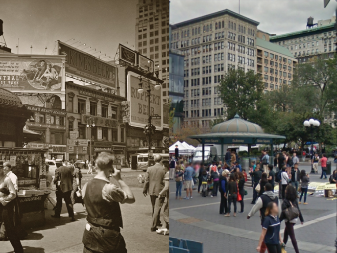 In both the 1936 and modern-day photos of Union Square, New Yorkers pass through the park.