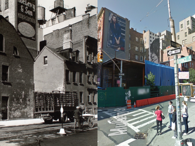  Locals pushing handcarts with fruits and veggies was once common in Nolita, as shown in the 1935 photo. The two row homes were probably rented by immigrant families, Ritter says. 