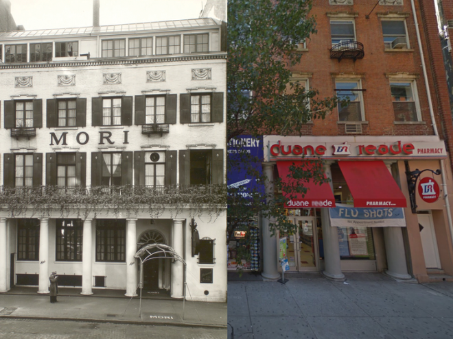 Mori, an Italian restaurant, served patrons on Bleecker Street for 54 years. It went bankrupt during the Great Depression two years after Abbott took the photo on the left. Today, the building is a Duane Reade pharmacy and a stationery store: