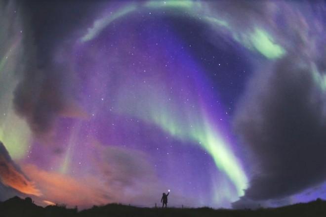 Northern light and waterfalls